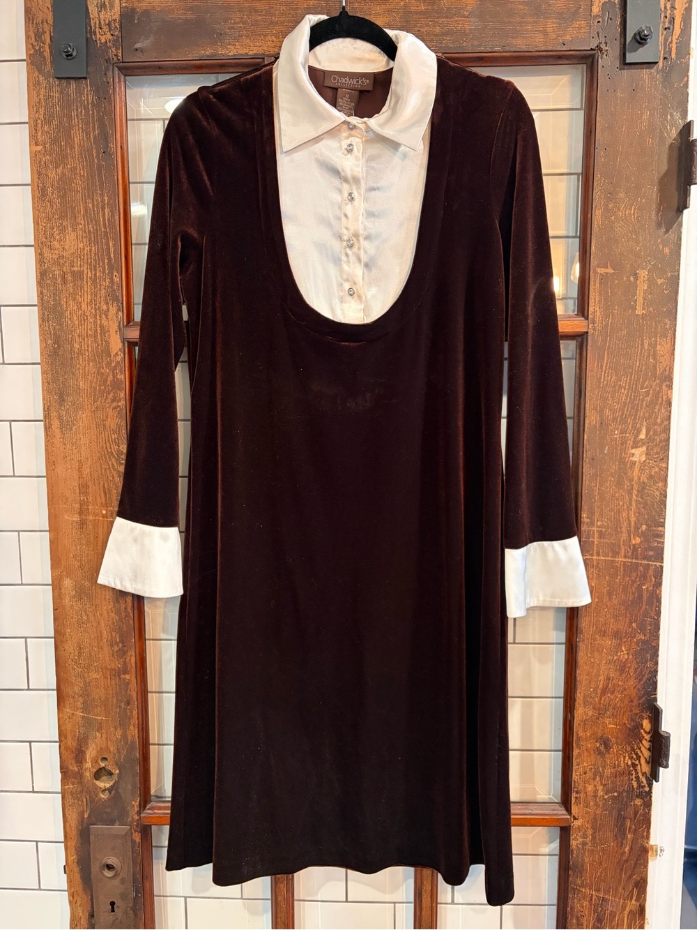 Vintage Chadwicks Dark Brown Velvet Long-Sleeve Dress with White Collar & Cuffs